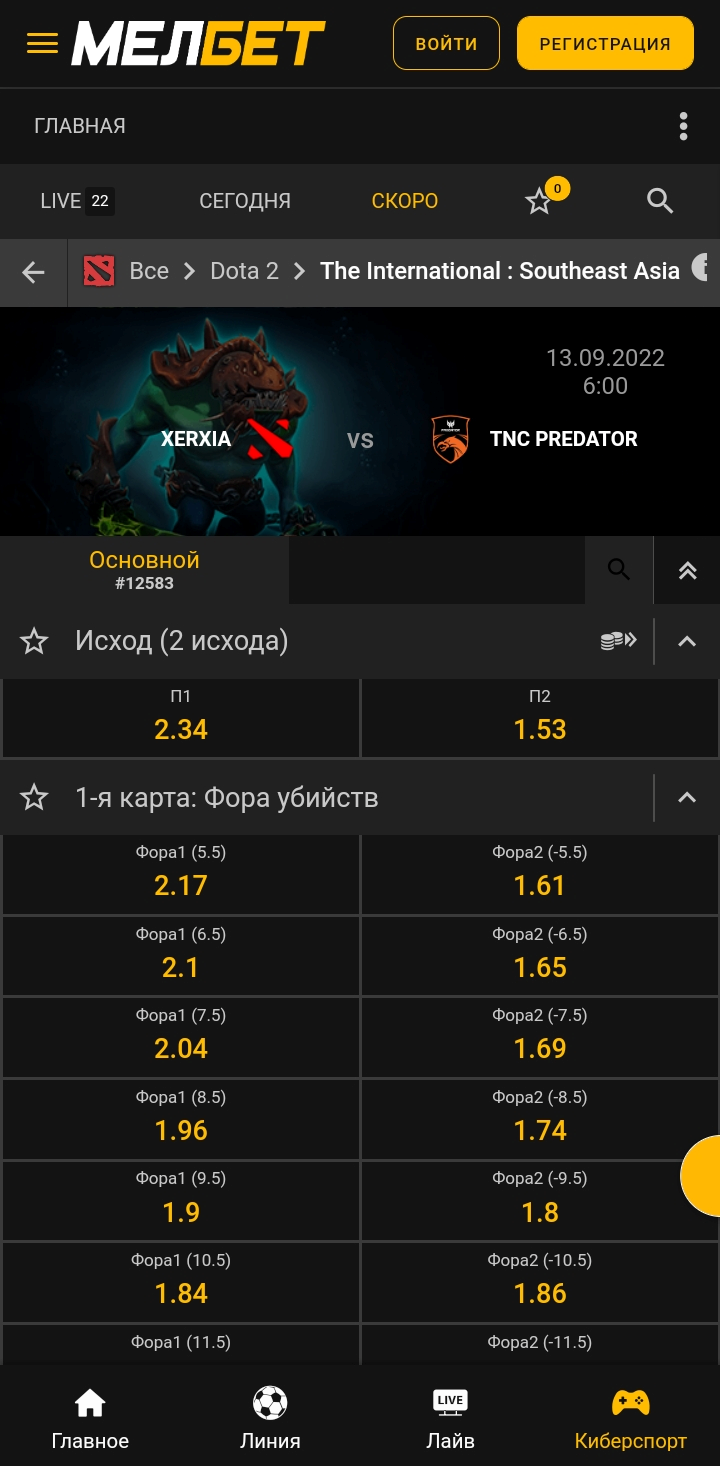 Пример росписи для матча Dota 2 в БК «Мелбет»