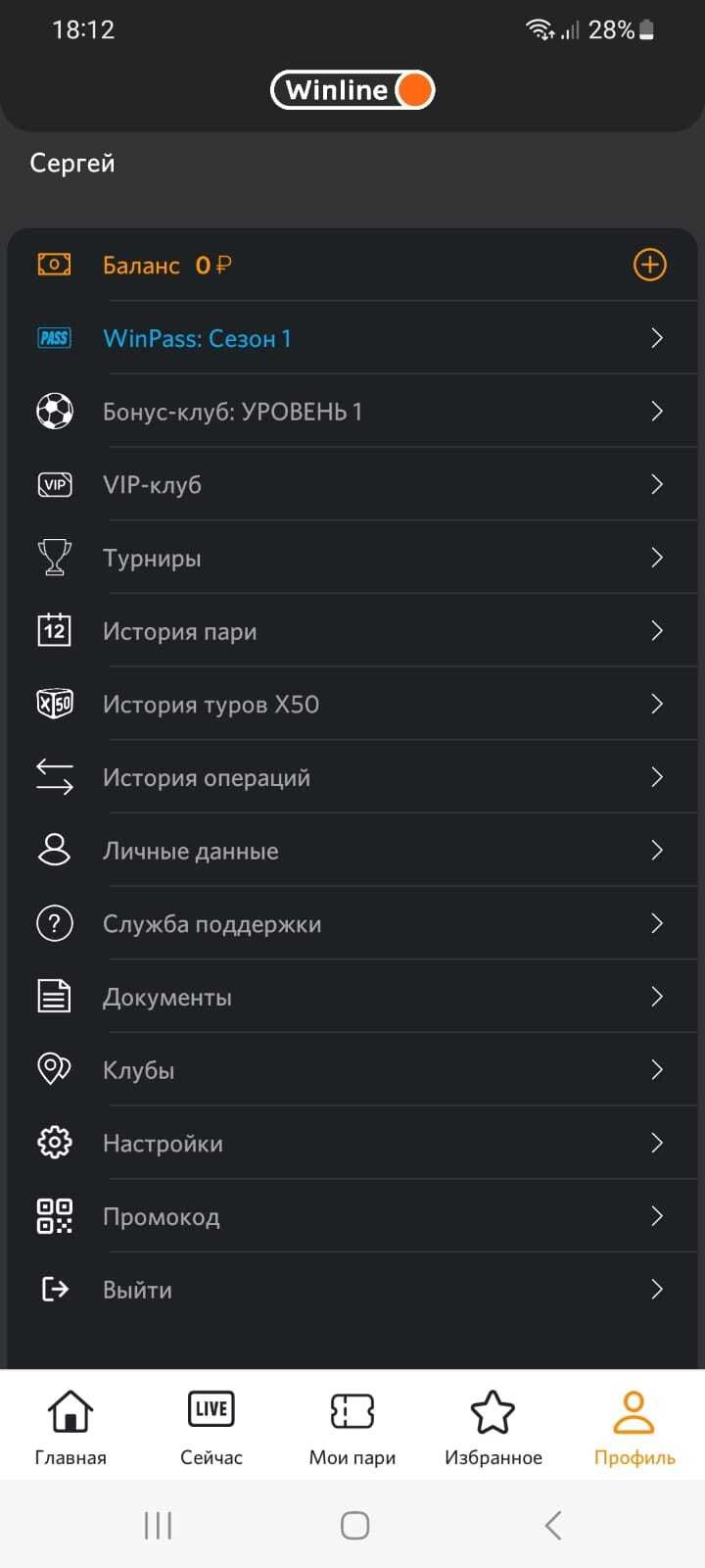 Профиль игрока в мобильном приложении Winline