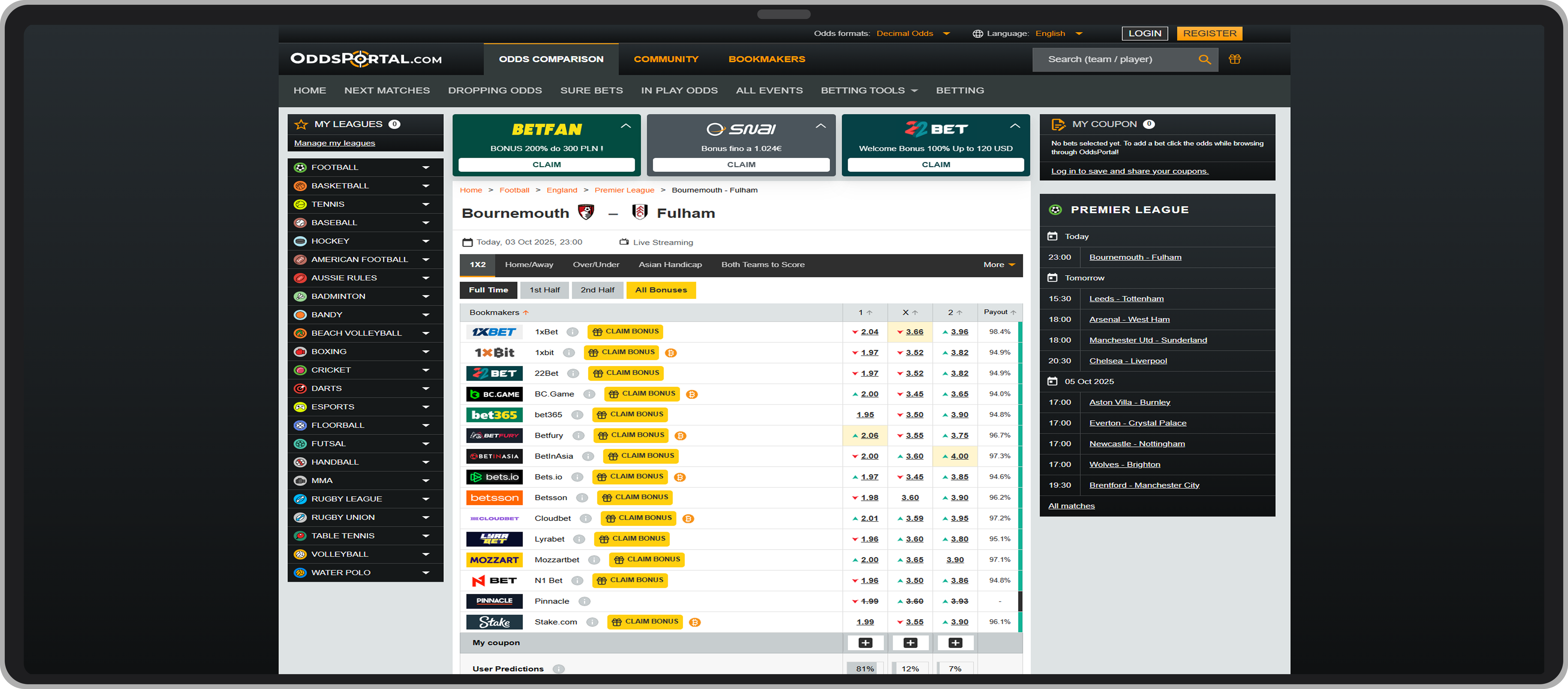 Сравнение коэффициентов на сайте Oddsportal