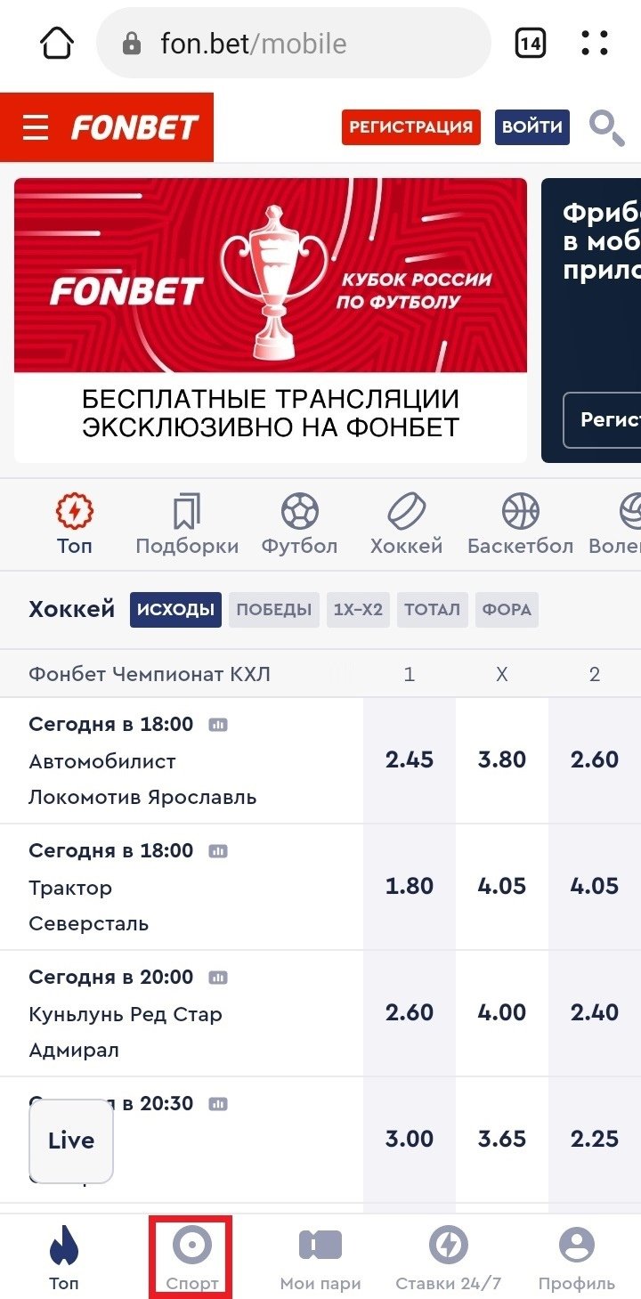 Вход в раздел «Спорт»