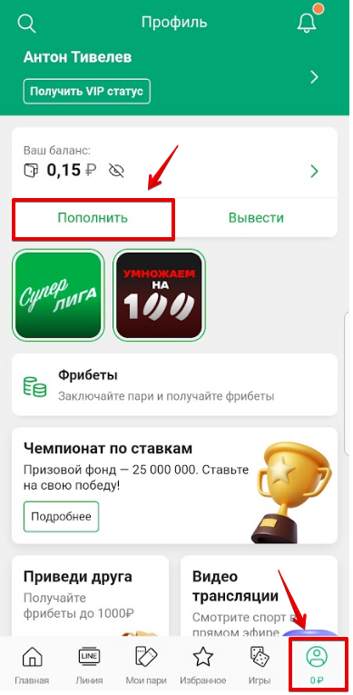 Меню «Профиль» и кнопка «Пополнить»