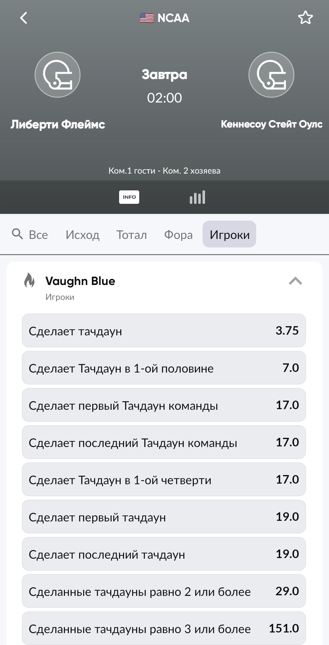 Пари на статистику раннингбэка студенческой команды