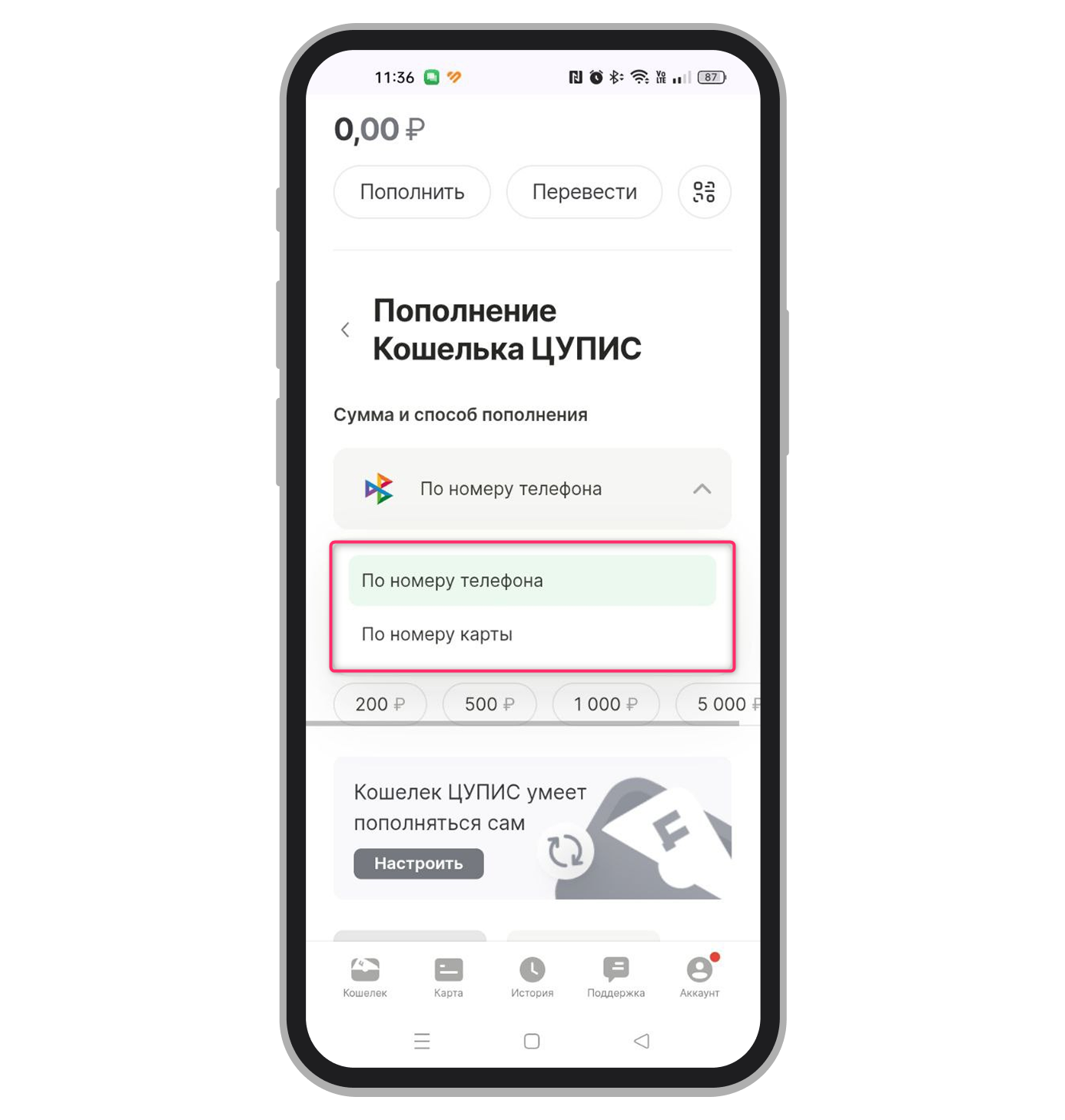 Выбор способа пополнения
