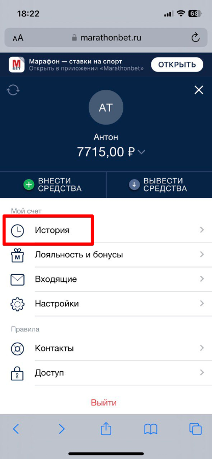 Подменю «История»