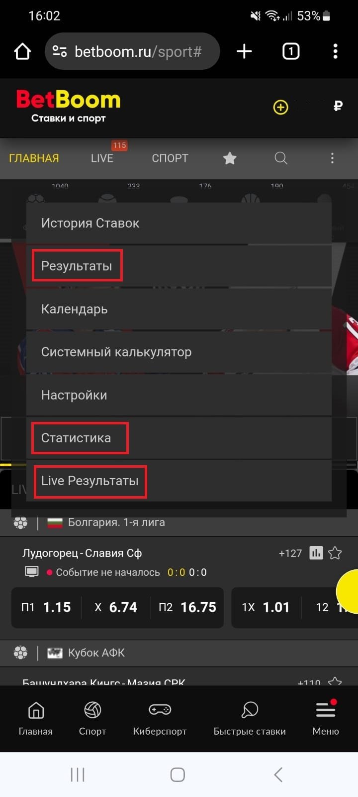 Меню с разделами статистики