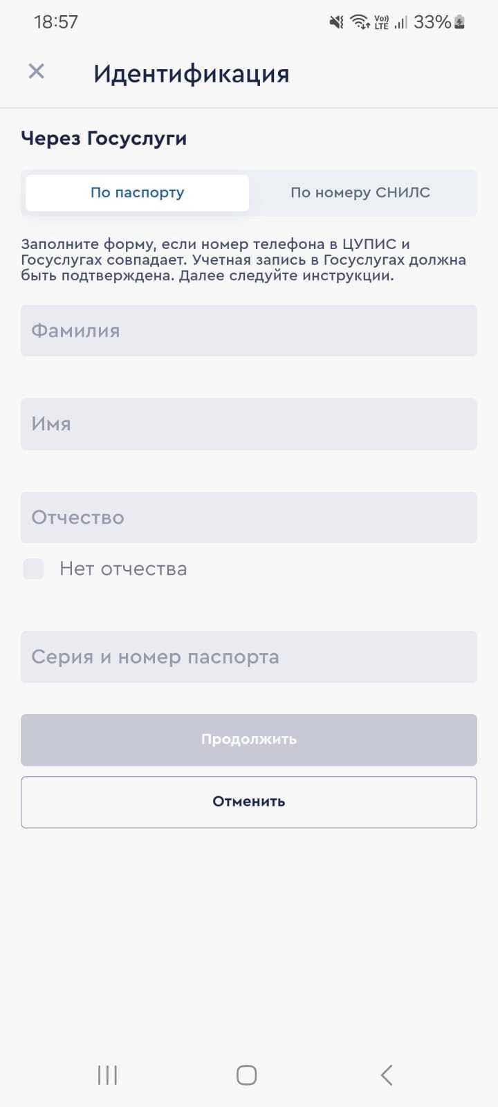 Идентификационная форма при получении полного статуса через «Госуслуги»