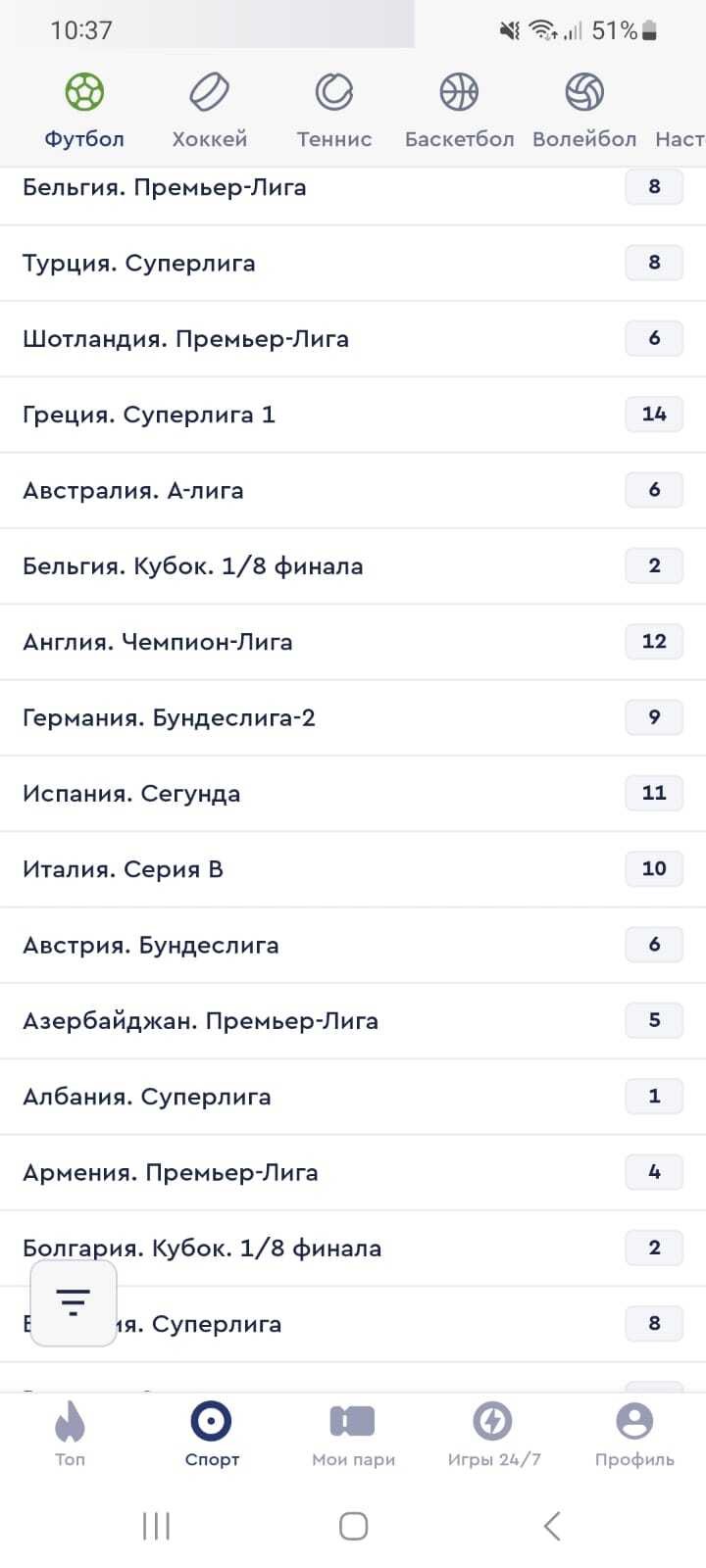 Вверху списка — важные турниры, остальные представлены по алфавиту