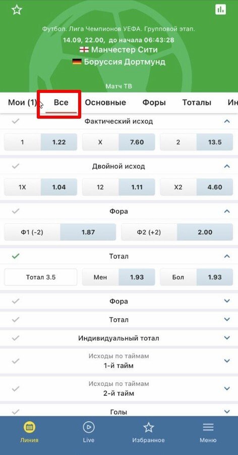 Меню «Все» в мобильном приложении букмекерской конторы Betcity