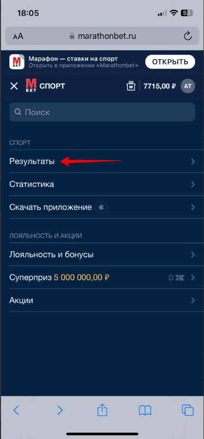 Меню мобильной версии сайта «Марафон»