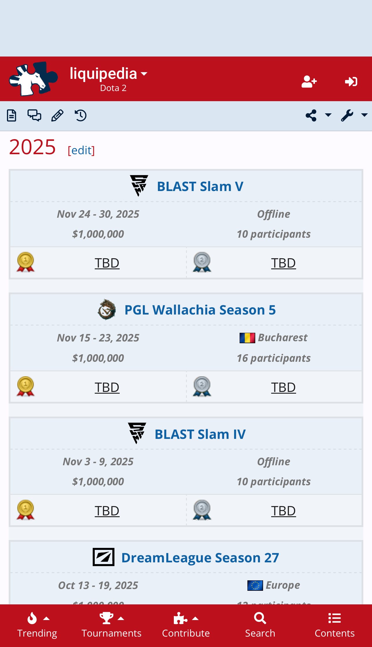 Тир-1 турниры по Dota 2 на сайте Liquidpedia