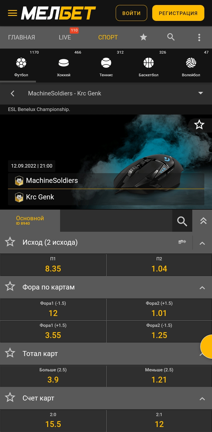 Пример росписи матча CS:GO в БК «Мелбет»