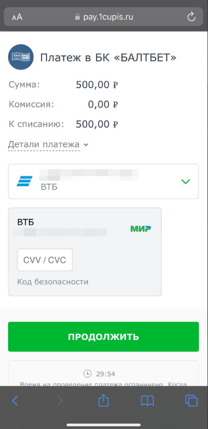 Ввод реквизитов карты на сайте ЦУПИС