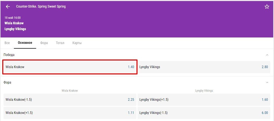 Коэффициент на победу Wisla Krakow в БК «Париматч»