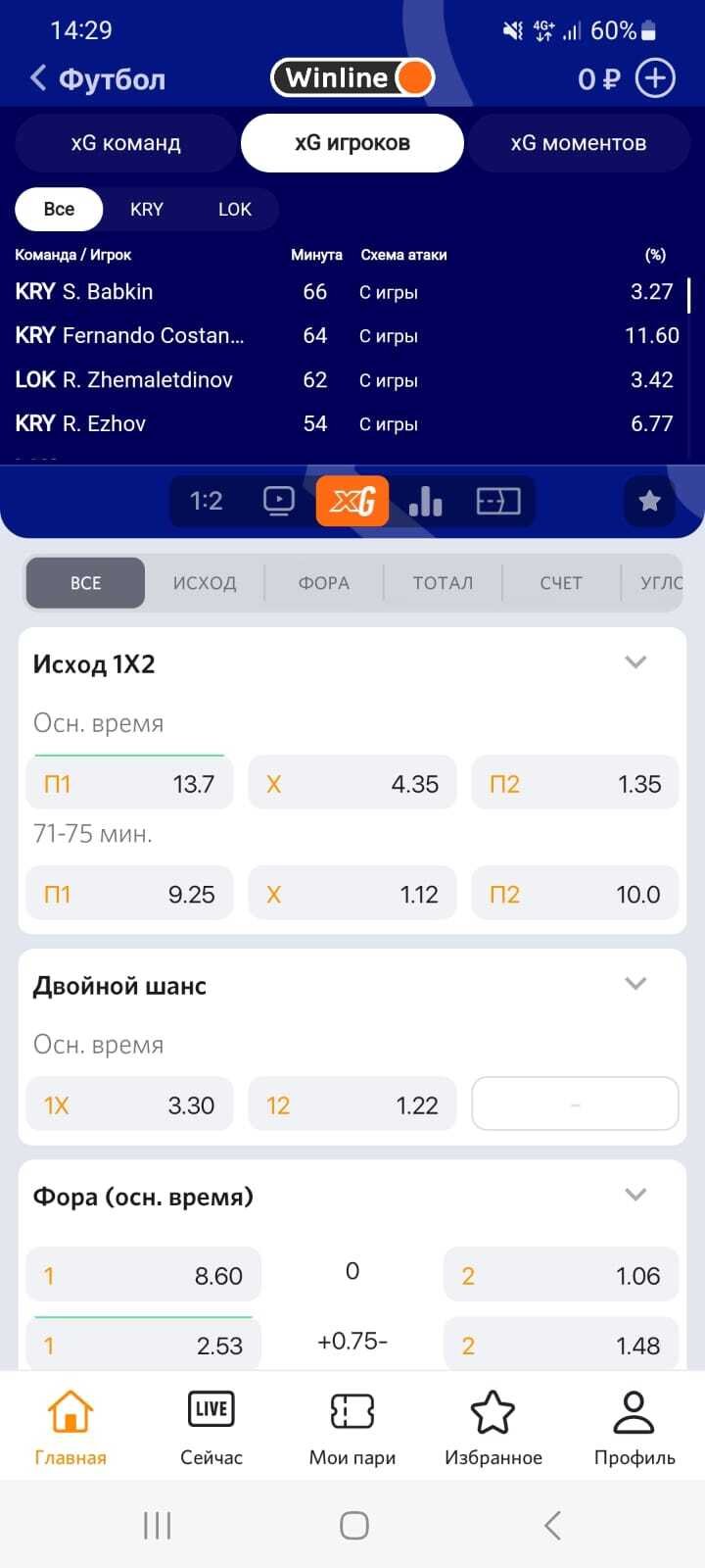 xG игроков в лайве на футбол приложения Winline