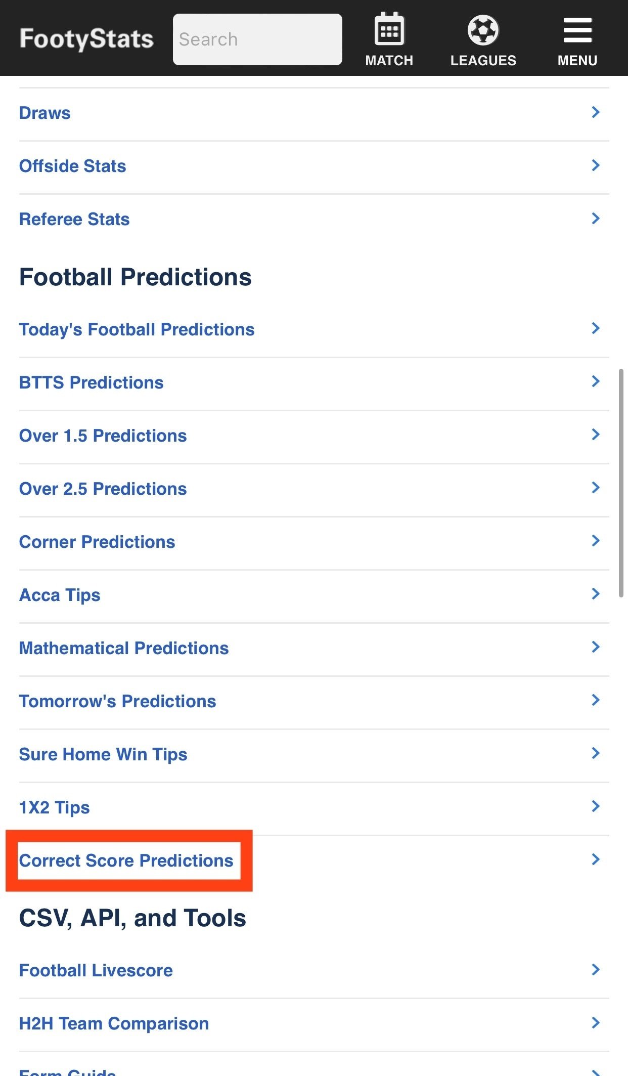 Раздел FootyStats с прогнозами на ТС