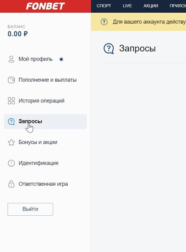 Пункт «Запросы» в интерфейсе официального сайта