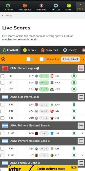 Раздел «Live scores»