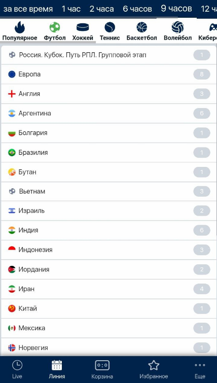 Фильтр на футбольные события в ближайшие девять часов