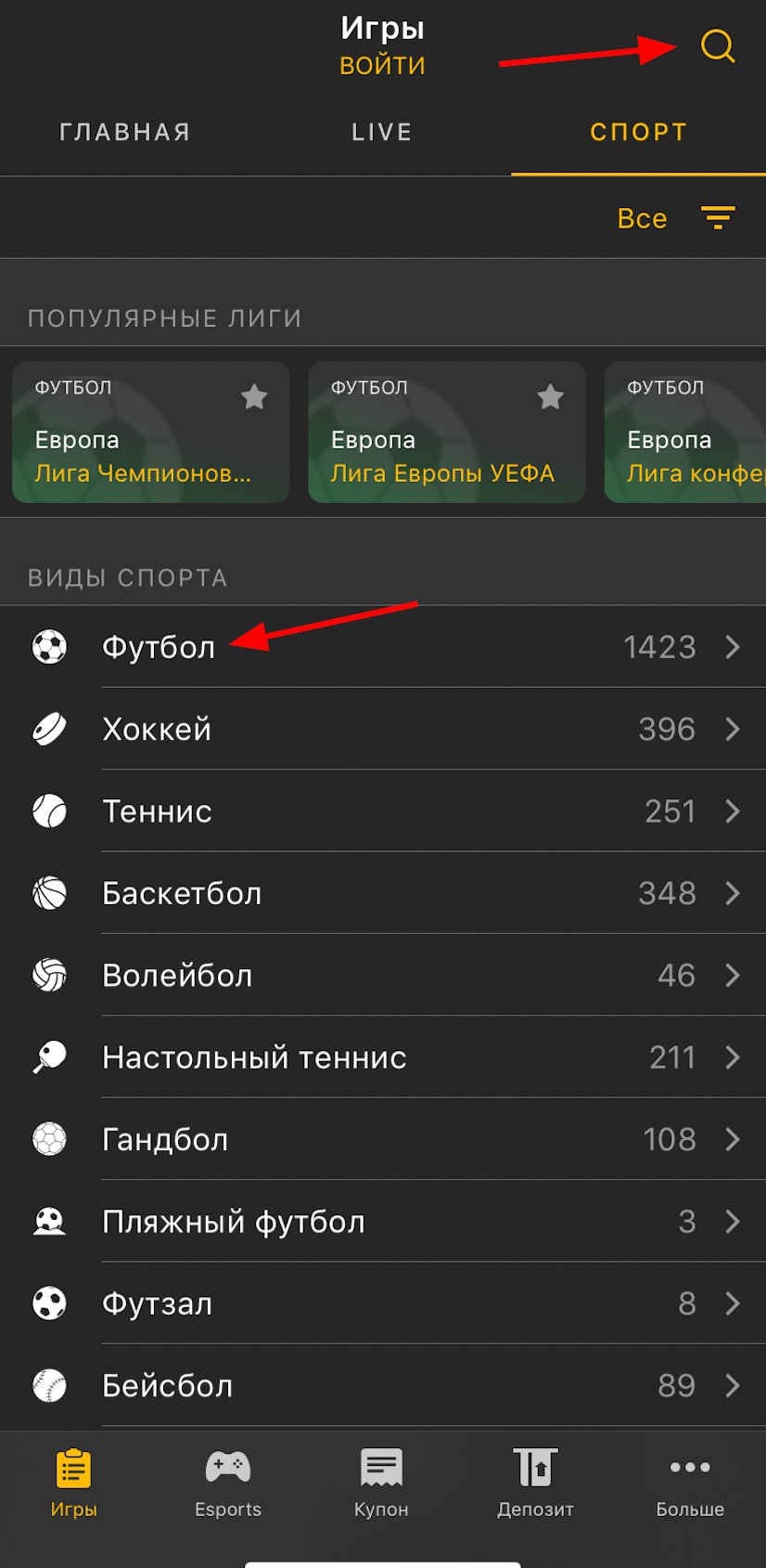 Раздел «Спорт» в мобильном приложении БК Melbet